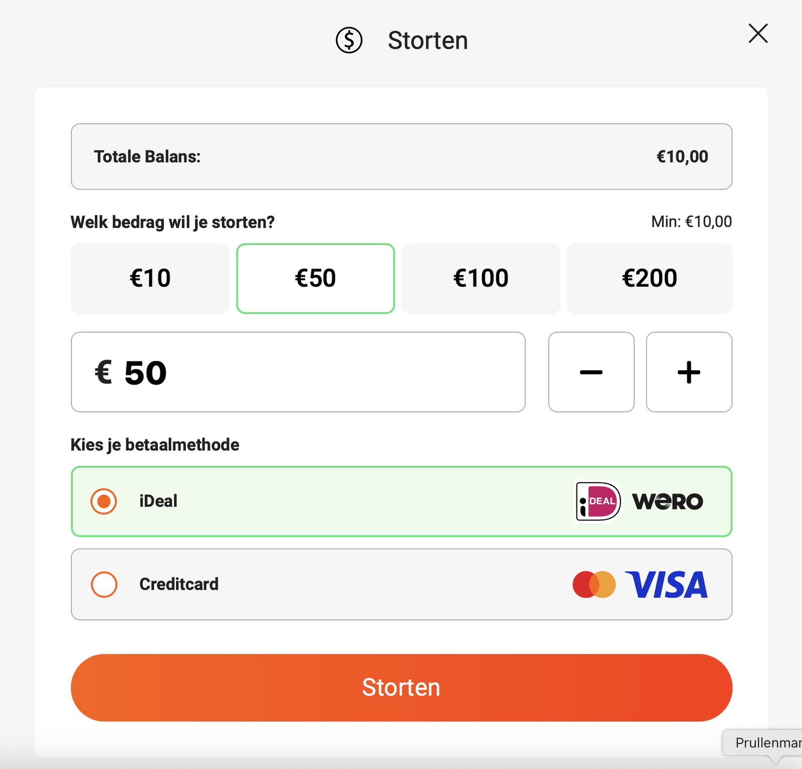 Stortingspagina One Casino met Wero en iDEAL betaalmethode