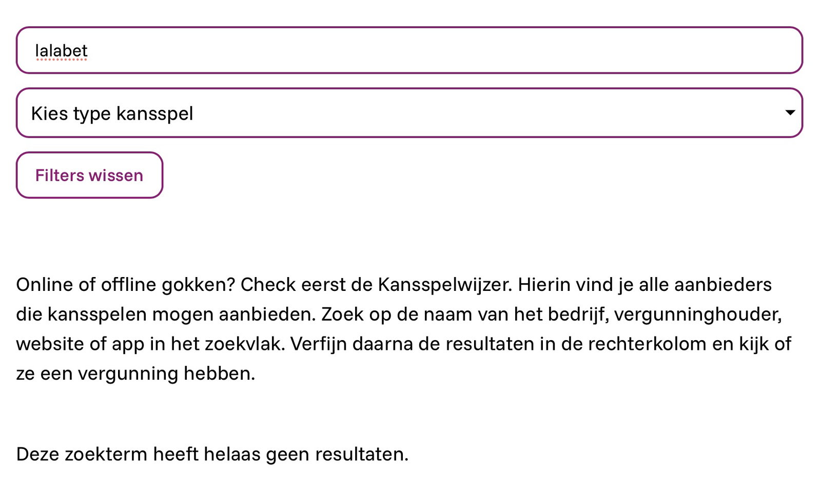 Lalabet geen zoekresultaat in KSA Kansspelwijzer