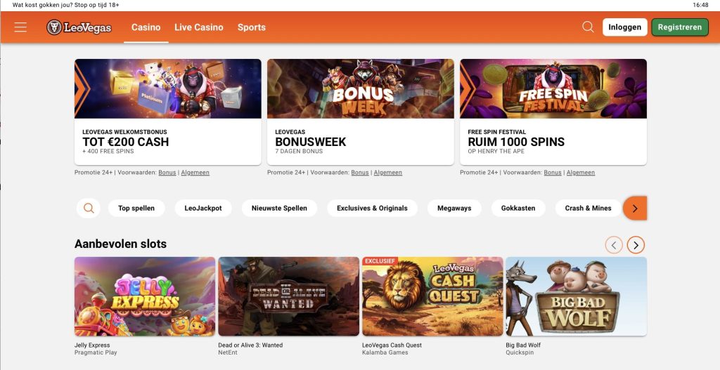 LeoVegas casino lobby op mobiel met Casino, Live Casino en Sports navigatiebalk, april 2026