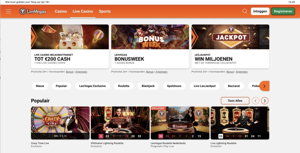 LeoVegas live casino overzicht met tafels van Evolution en Nederlandstalige dealers, april 2026