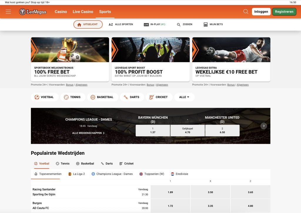 LeoVegas sportsbook met Eredivisie en internationale sportweddenschappen, april 2026