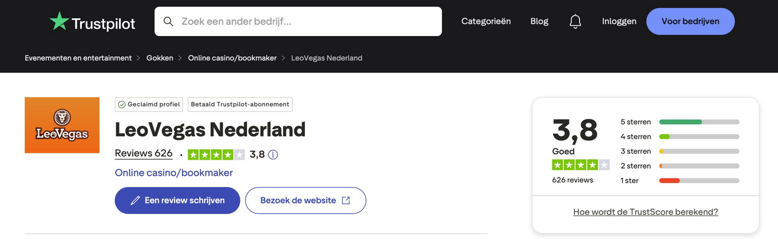 LeoVegas Trustpilot score en gebruikersbeoordelingen, april 2026