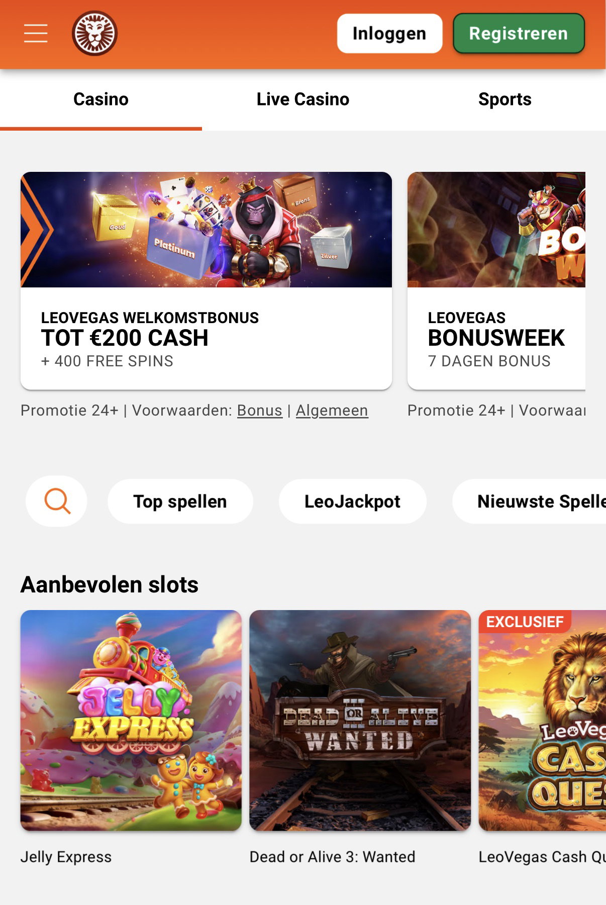 LeoVegas casino lobby op smartphone met navigatiebalk