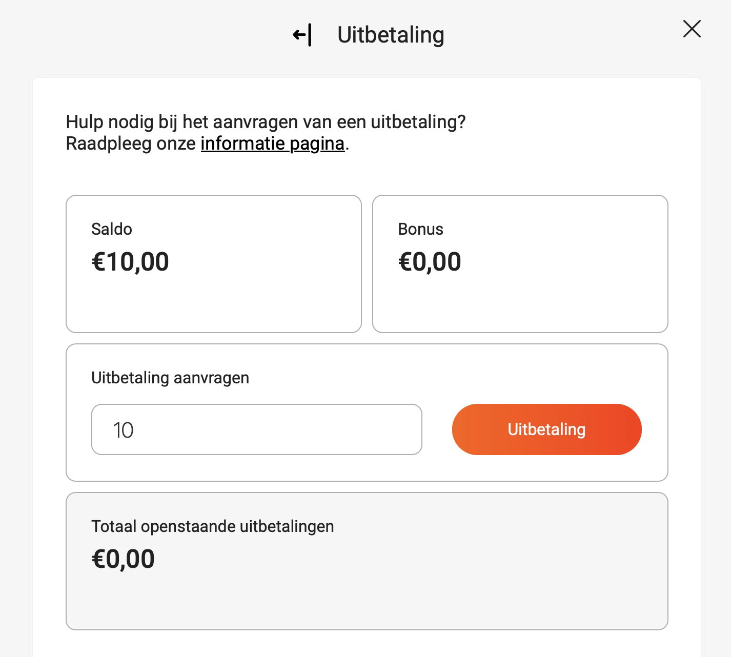 Uitbetalingsscherm bij One Casino met bevestiging