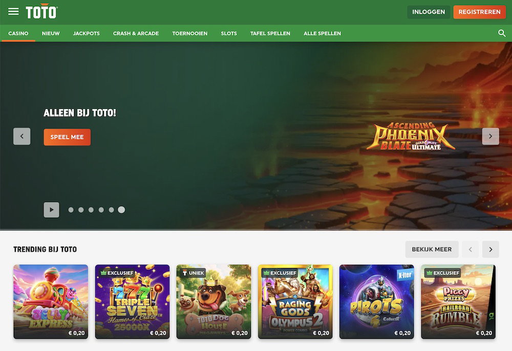 TOTO Casino lobby met slotoverzicht en navigatie, april 2026