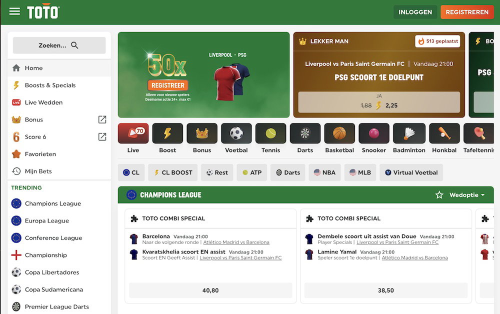 TOTO Sportsbook met wedstrijdoverzicht en live odds, april 2026